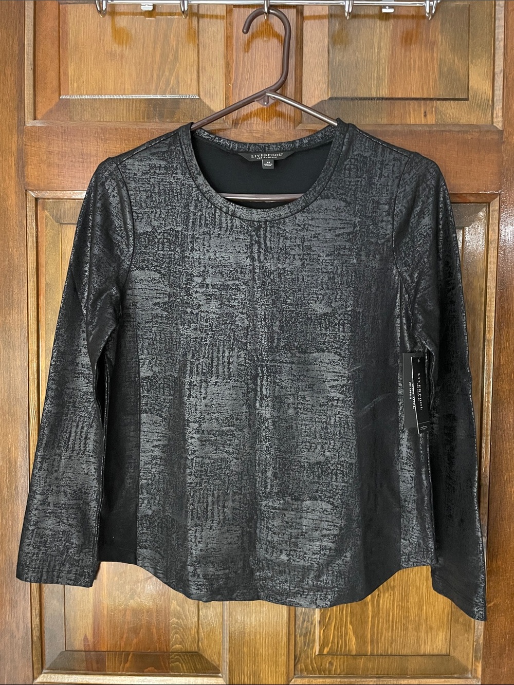 Liverpool black shirt, distressed pattern, stretch, rounded hem, XS, NWT